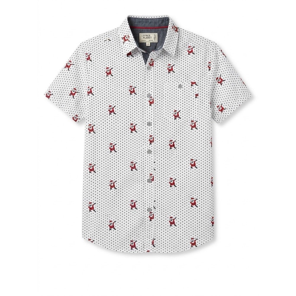 Free Planet Button Down Shirt Mens Small White Dabbing Santa Polka Dot